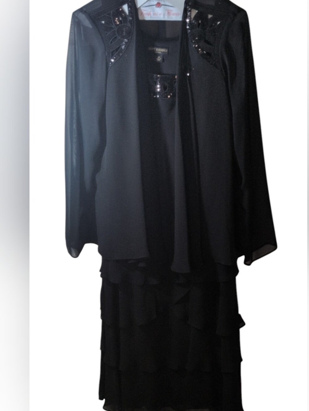 Black Layered Midi Skirt with Sheer Jacket - Elegant Evening Set, Size 8P